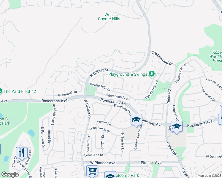 map of restaurants, bars, coffee shops, grocery stores, and more near 2136 Foothill Drive in Fullerton