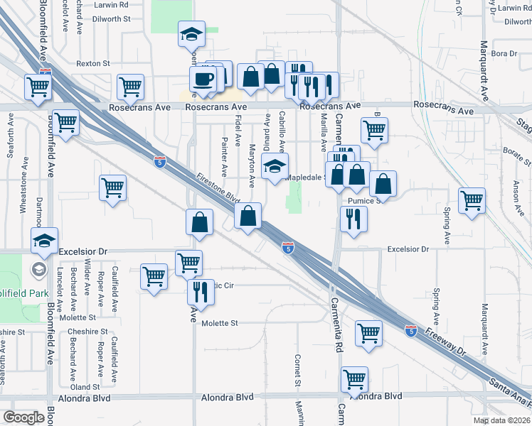 map of restaurants, bars, coffee shops, grocery stores, and more near 14726 Dinard Avenue in Norwalk