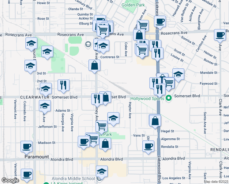 map of restaurants, bars, coffee shops, grocery stores, and more near 8635 Somerset Boulevard in Paramount