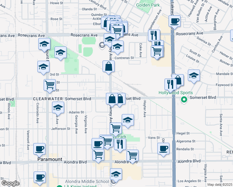map of restaurants, bars, coffee shops, grocery stores, and more near 15000 Downey Avenue in Paramount