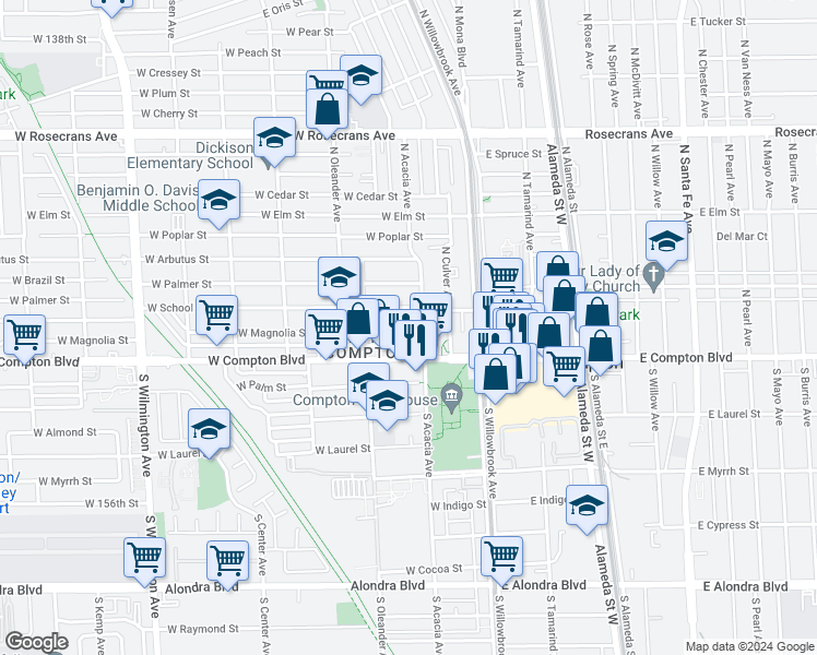 map of restaurants, bars, coffee shops, grocery stores, and more near 309 West Magnolia Street in Compton