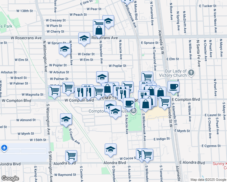 map of restaurants, bars, coffee shops, grocery stores, and more near in Compton