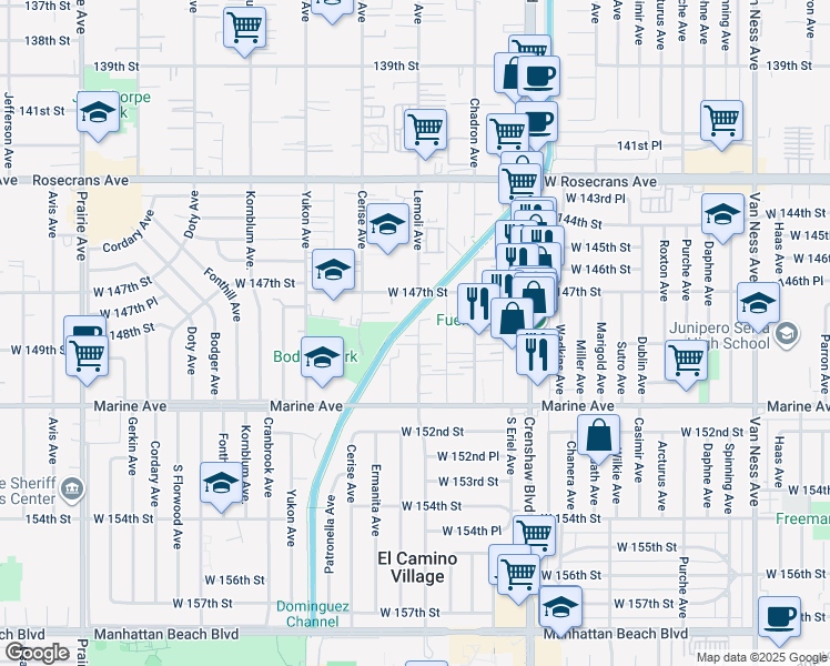 map of restaurants, bars, coffee shops, grocery stores, and more near 14818 Lemoli Avenue in Gardena