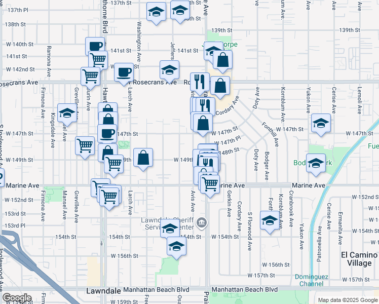 map of restaurants, bars, coffee shops, grocery stores, and more near 14812 Osage Avenue in Lawndale