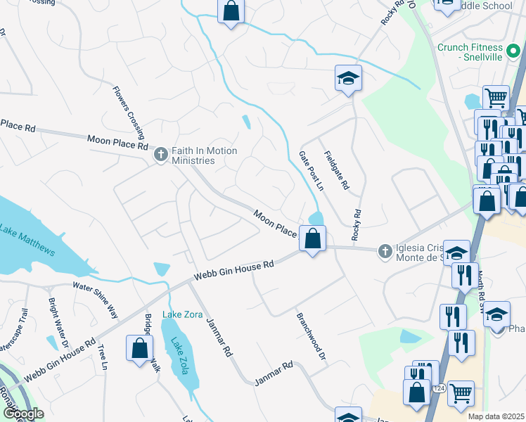 map of restaurants, bars, coffee shops, grocery stores, and more near 1870 Milfield Circle in Snellville