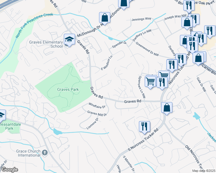 map of restaurants, bars, coffee shops, grocery stores, and more near 6622 Wellington Square in Norcross