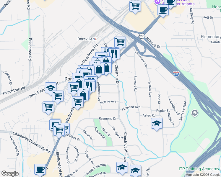 map of restaurants, bars, coffee shops, grocery stores, and more near 2685 Buena Vista Avenue in Doraville