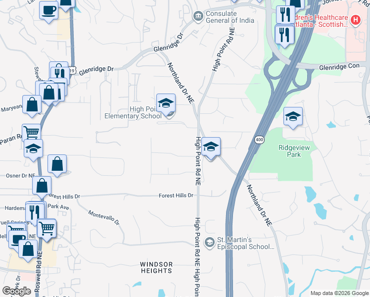 map of restaurants, bars, coffee shops, grocery stores, and more near 560 Timber Valley Road Northeast in Atlanta
