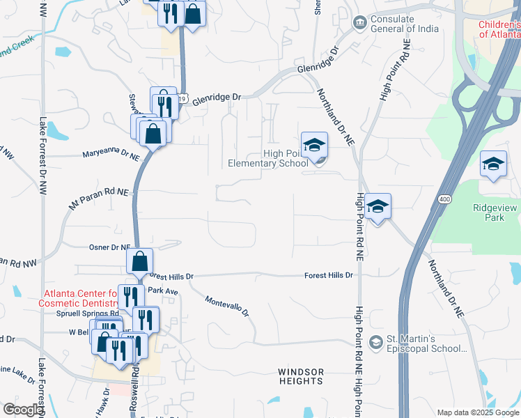 map of restaurants, bars, coffee shops, grocery stores, and more near 570 Belada Boulevard in Atlanta