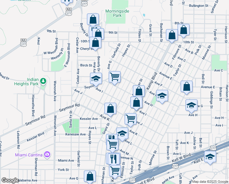 map of restaurants, bars, coffee shops, grocery stores, and more near 1807 Tilden Street in Wichita Falls