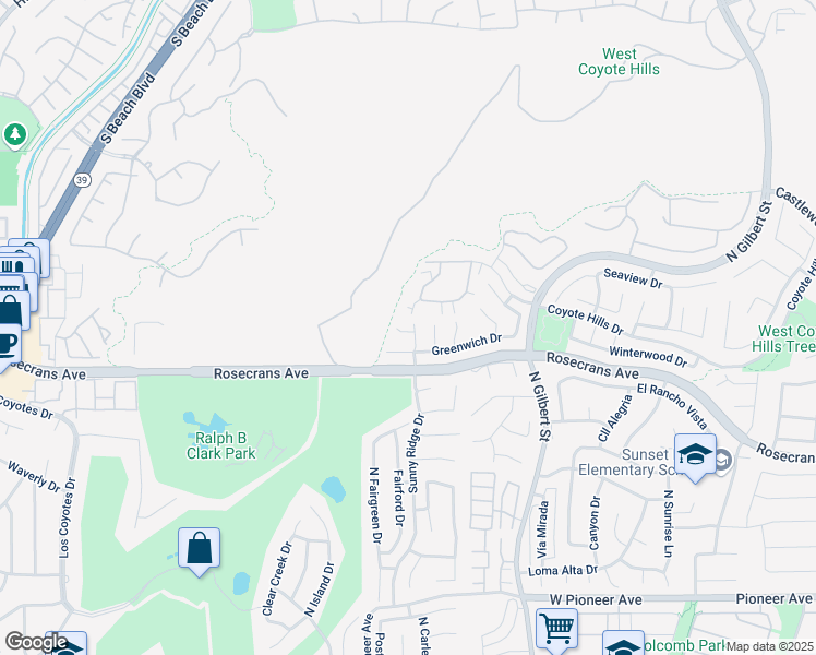 map of restaurants, bars, coffee shops, grocery stores, and more near 2131 Sunny Ridge Place in Fullerton