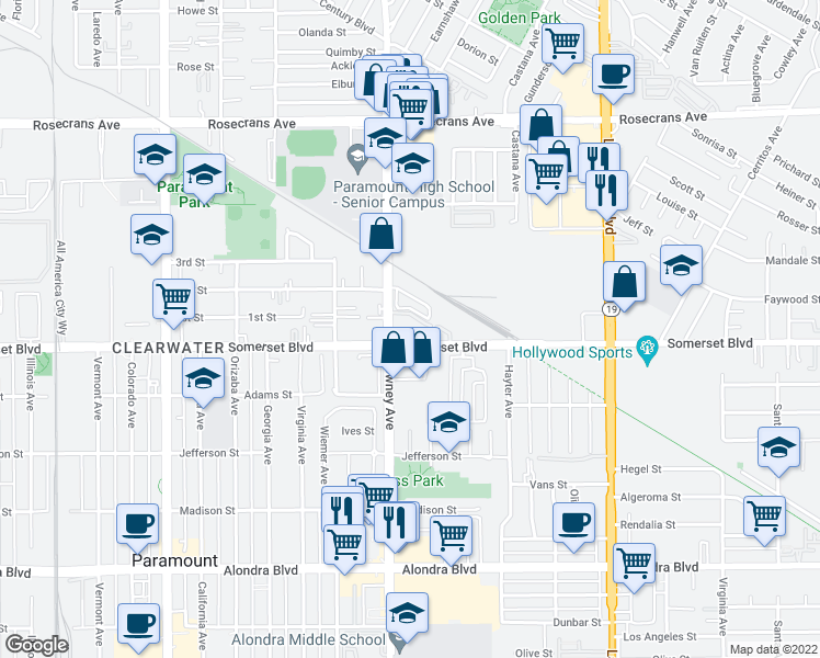 map of restaurants, bars, coffee shops, grocery stores, and more near 15000 Downey Avenue in Paramount