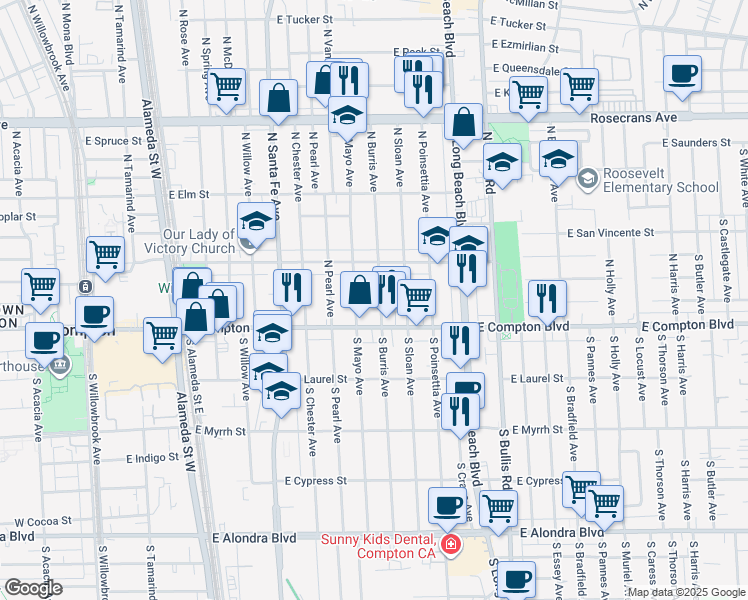 map of restaurants, bars, coffee shops, grocery stores, and more near 121 N Burris Ave in Compton