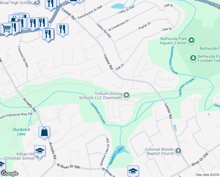 map of restaurants, bars, coffee shops, grocery stores, and more near 3874 Scarsborough Drive Southwest in Lawrenceville