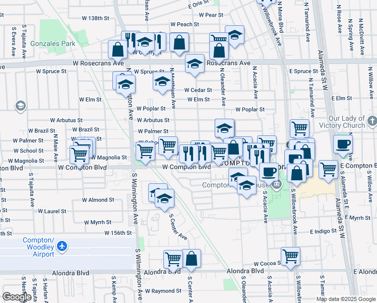 map of restaurants, bars, coffee shops, grocery stores, and more near 523 West Magnolia Street in Compton