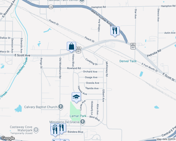 map of restaurants, bars, coffee shops, grocery stores, and more near 1620 Orchard Avenue in Wichita Falls