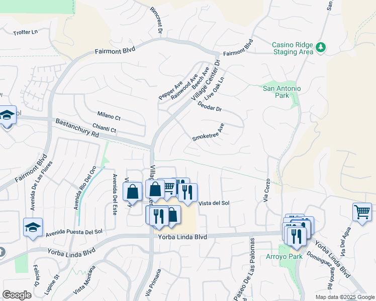 map of restaurants, bars, coffee shops, grocery stores, and more near 20600 Birch Circle in Yorba Linda