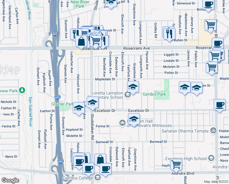 map of restaurants, bars, coffee shops, grocery stores, and more near 14709 Dalwood Avenue in Norwalk