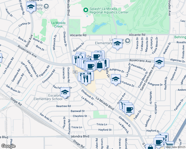 map of restaurants, bars, coffee shops, grocery stores, and more near 14920 La Mirada Blvd in La Mirada