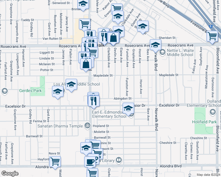 map of restaurants, bars, coffee shops, grocery stores, and more near 14722 Clarkdale Avenue in Norwalk