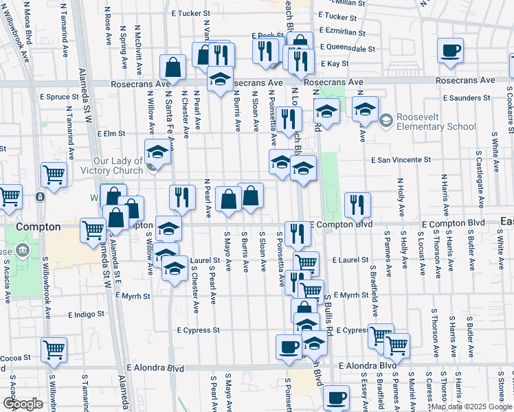 map of restaurants, bars, coffee shops, grocery stores, and more near 125 North Sloan Avenue in Compton
