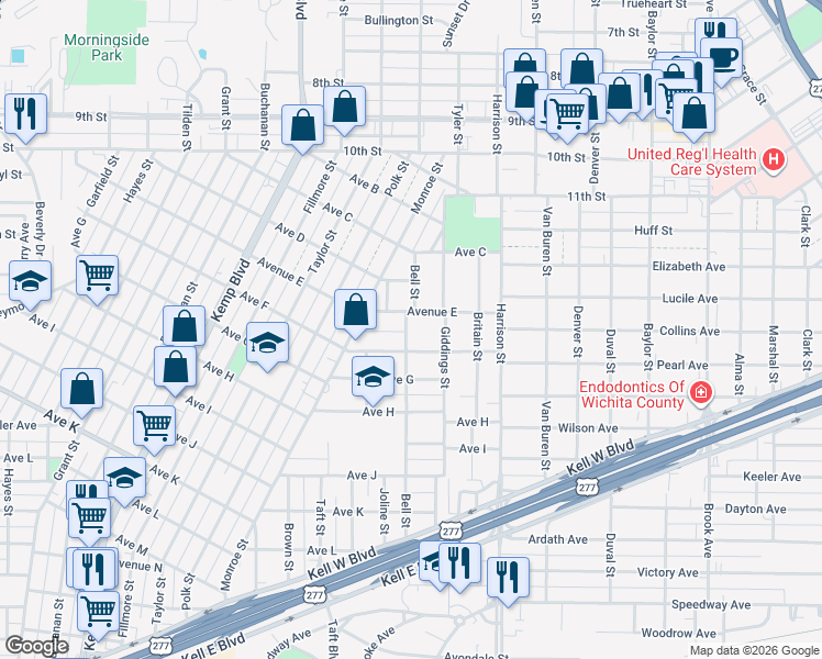 map of restaurants, bars, coffee shops, grocery stores, and more near 1507 Bell Street in Wichita Falls