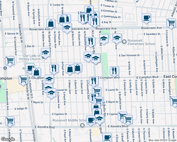 map of restaurants, bars, coffee shops, grocery stores, and more near 122 North Poinsettia Avenue in Compton
