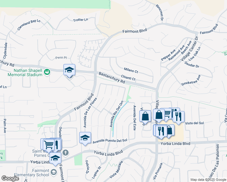 map of restaurants, bars, coffee shops, grocery stores, and more near 4334 Vía De Los Robles in Yorba Linda