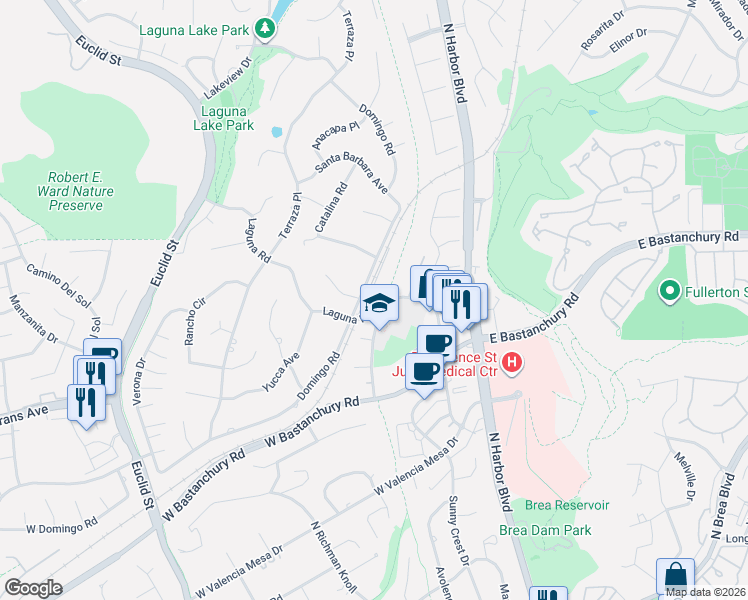 map of restaurants, bars, coffee shops, grocery stores, and more near 2310 Morelia Place in Fullerton