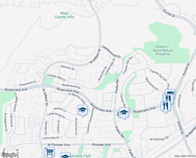 map of restaurants, bars, coffee shops, grocery stores, and more near 1877 Berkshire Drive in Fullerton