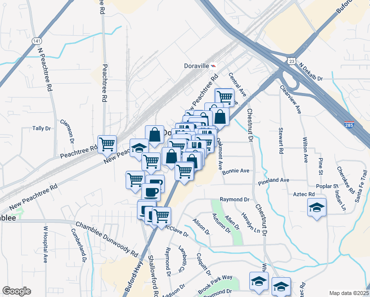 map of restaurants, bars, coffee shops, grocery stores, and more near 5288 Buford Hwy NE in Doraville