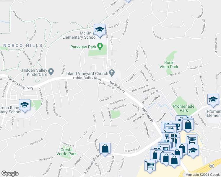 map of restaurants, bars, coffee shops, grocery stores, and more near 2136 Cedar Glen Drive in Corona