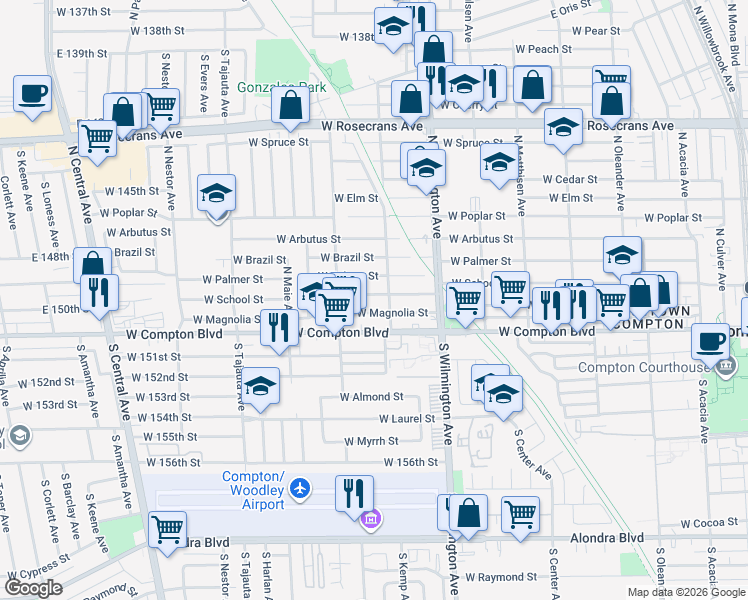 map of restaurants, bars, coffee shops, grocery stores, and more near 912 West School Street in Compton