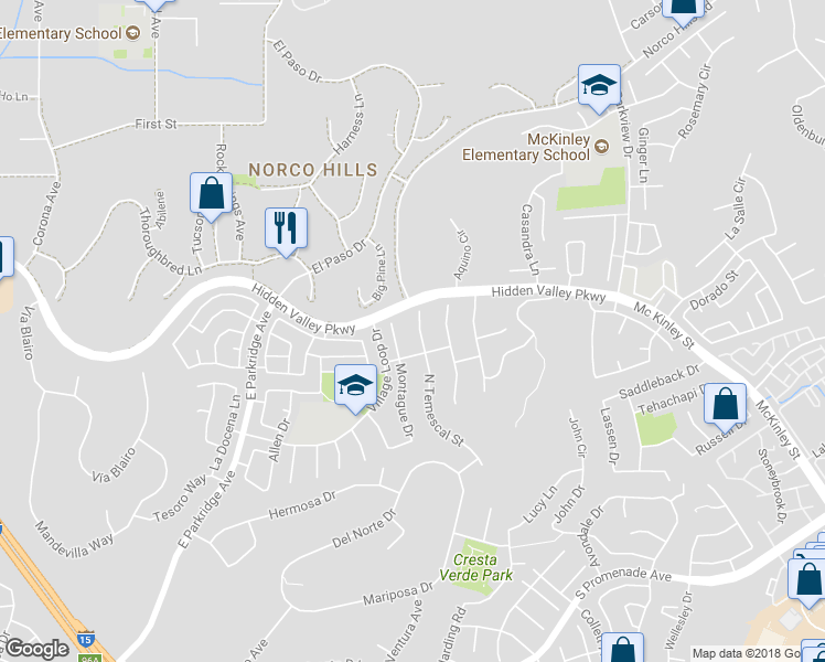 map of restaurants, bars, coffee shops, grocery stores, and more near 940 Temescal Circle in Corona
