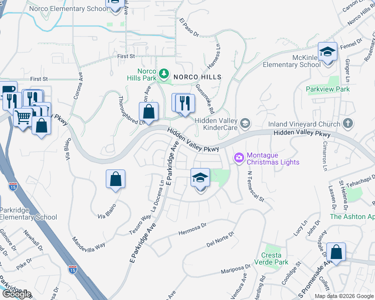 map of restaurants, bars, coffee shops, grocery stores, and more near 1340 Goldeneagle Drive in Corona