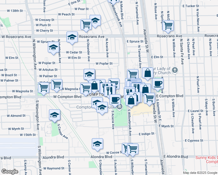 map of restaurants, bars, coffee shops, grocery stores, and more near 309 West Magnolia Street in Compton