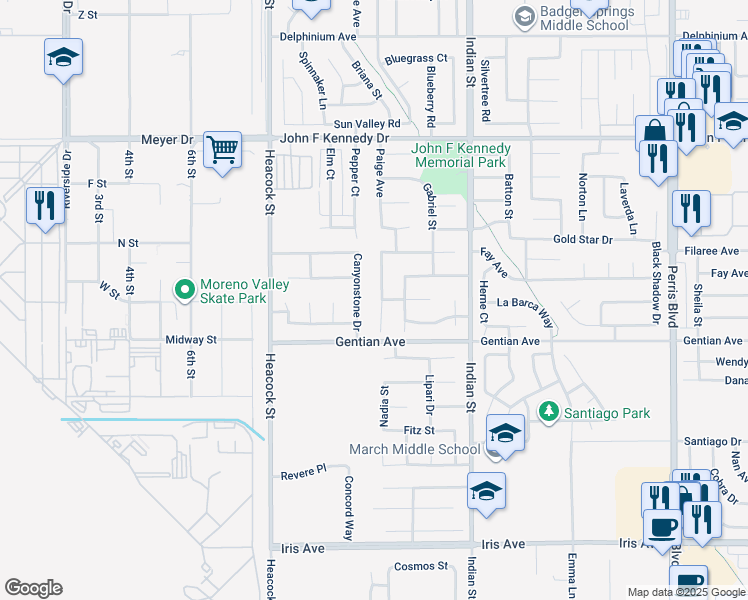 map of restaurants, bars, coffee shops, grocery stores, and more near 15403 Theresa Avenue in Moreno Valley