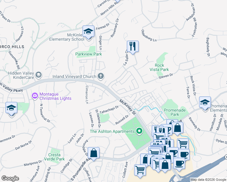 map of restaurants, bars, coffee shops, grocery stores, and more near 800 Vista Real Street in Corona