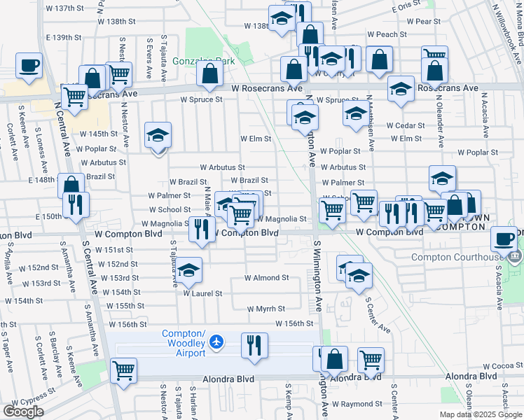 map of restaurants, bars, coffee shops, grocery stores, and more near 922 West School Street in Compton