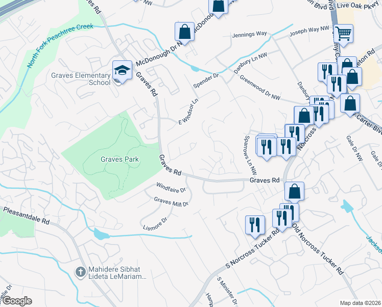 map of restaurants, bars, coffee shops, grocery stores, and more near 6622 Wellington Square in Norcross