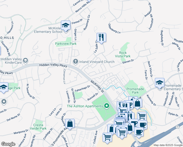 map of restaurants, bars, coffee shops, grocery stores, and more near 2220 Cabana Court in Corona