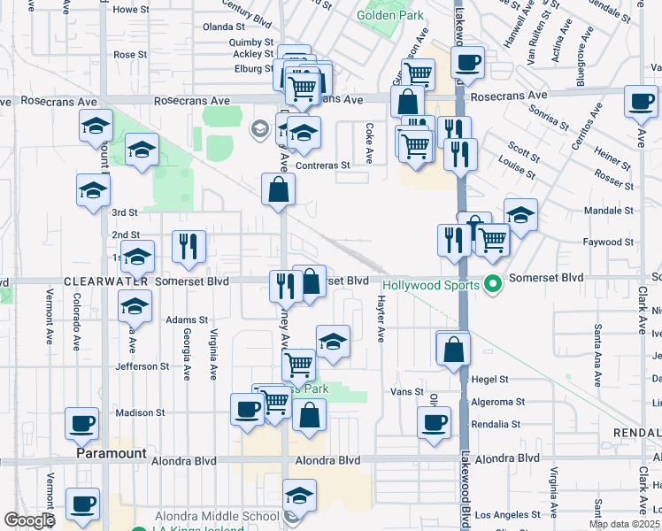 map of restaurants, bars, coffee shops, grocery stores, and more near 8635 Somerset Boulevard in Paramount