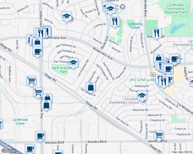 map of restaurants, bars, coffee shops, grocery stores, and more near 14703 Jalisco Road in La Mirada