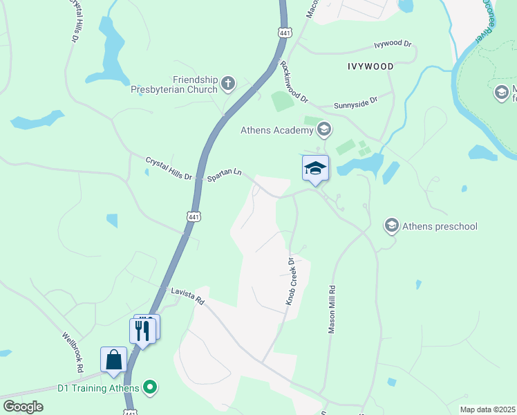 map of restaurants, bars, coffee shops, grocery stores, and more near 1051 Robinson Court in Athens