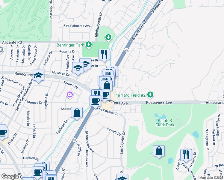 map of restaurants, bars, coffee shops, grocery stores, and more near 14754 Beach Boulevard in La Mirada