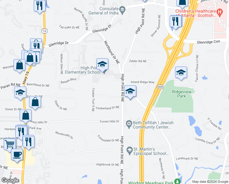 map of restaurants, bars, coffee shops, grocery stores, and more near 560 Timber Valley Road Northeast in Atlanta