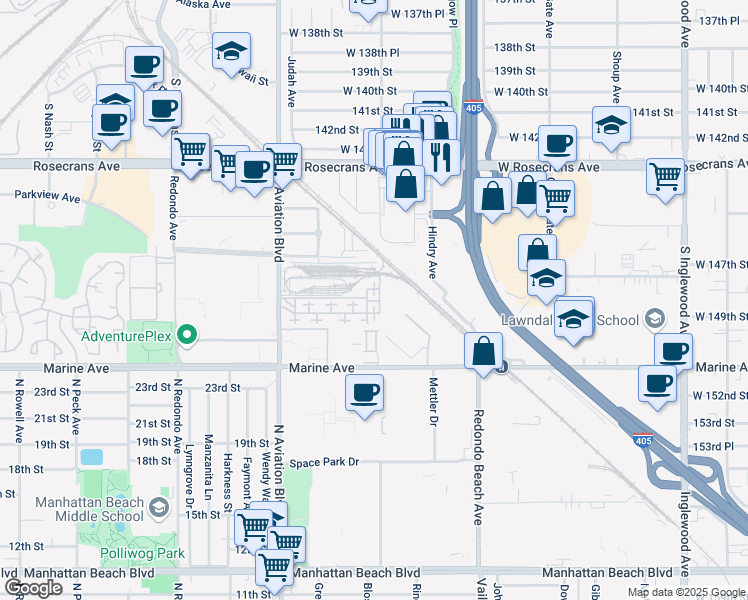 map of restaurants, bars, coffee shops, grocery stores, and more near 5404 West 149th Place in Hawthorne