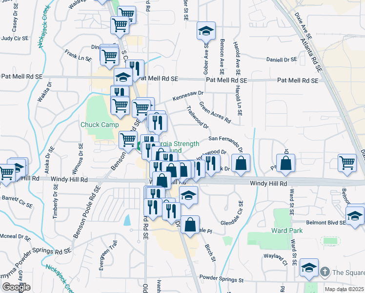 map of restaurants, bars, coffee shops, grocery stores, and more near 2301 Old Spring Road in Smyrna