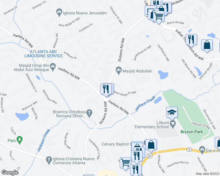 map of restaurants, bars, coffee shops, grocery stores, and more near 735 Durham Ridge Drive Northwest in Lilburn