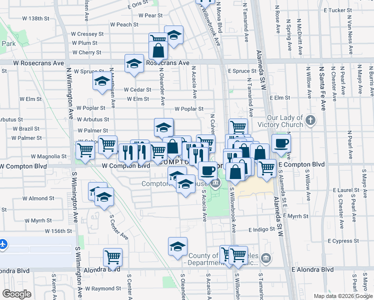 map of restaurants, bars, coffee shops, grocery stores, and more near 329 West Magnolia Street in Compton